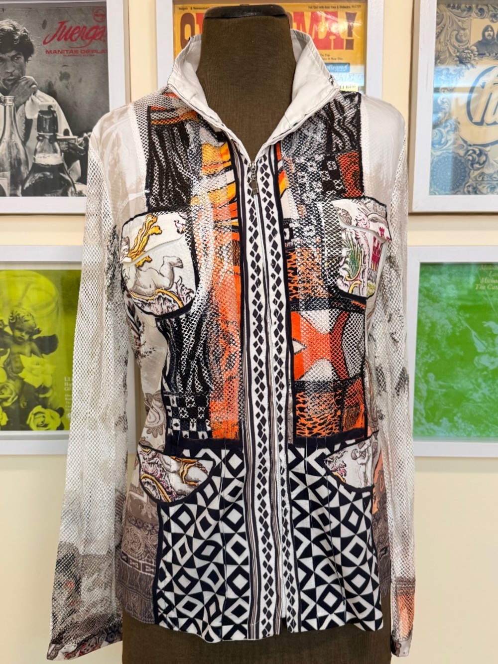 🧡 Y2K Black & White Mesh Zip-Up Statement Top 🧡